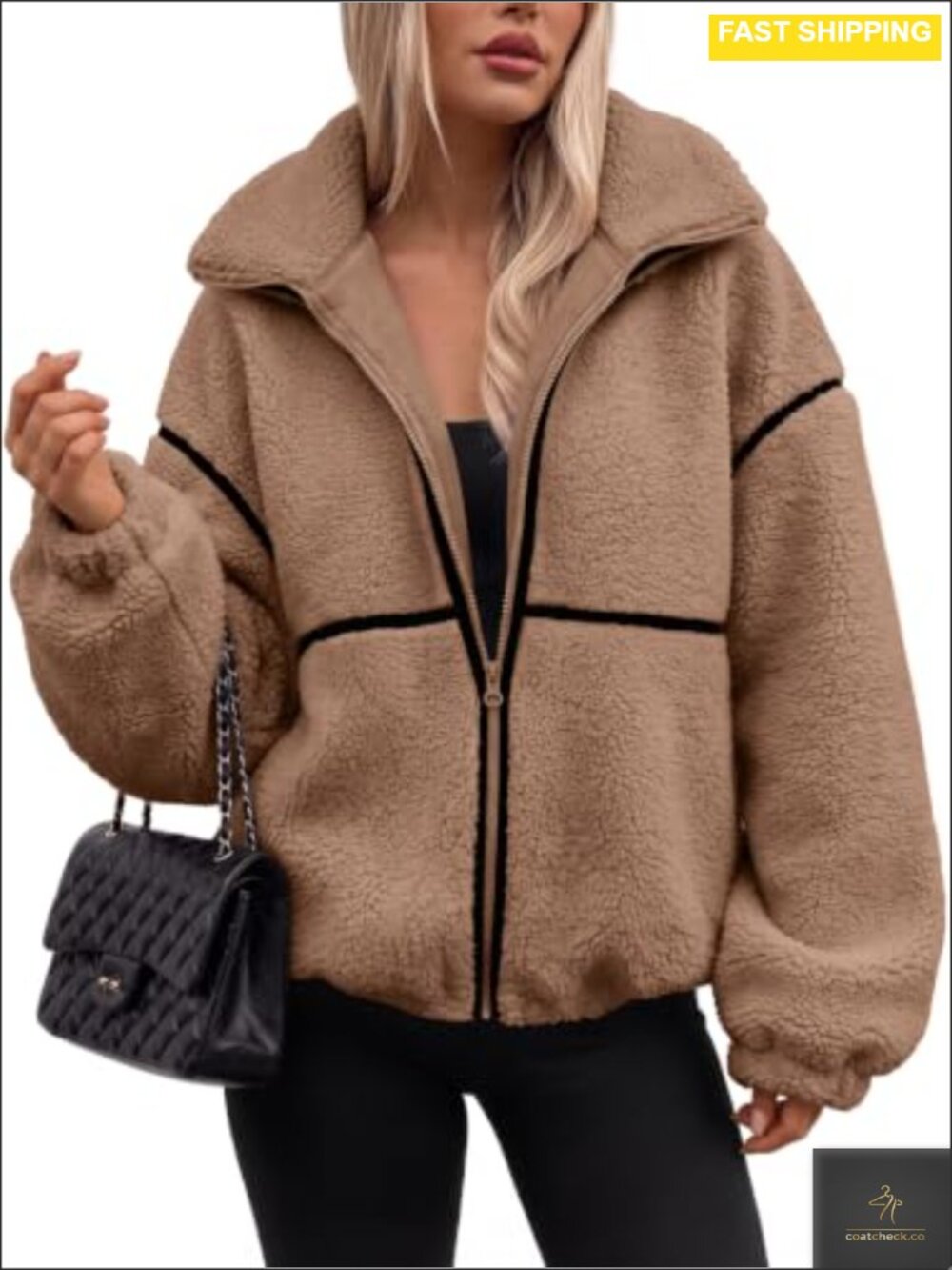 Sherpa Fleece Jacket Zip Up Oversized Coat Faux Fur Collar